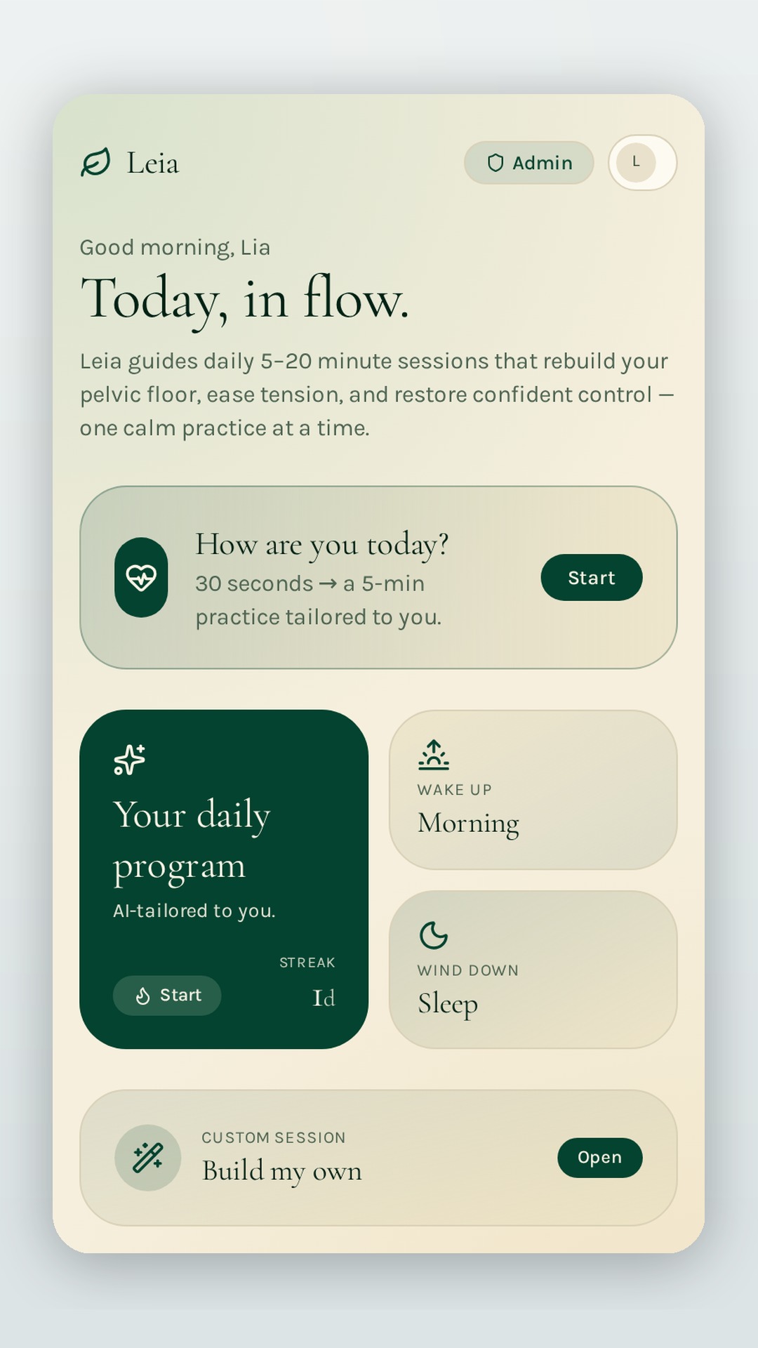 Leia dashboard — today's session, streak, and check-in